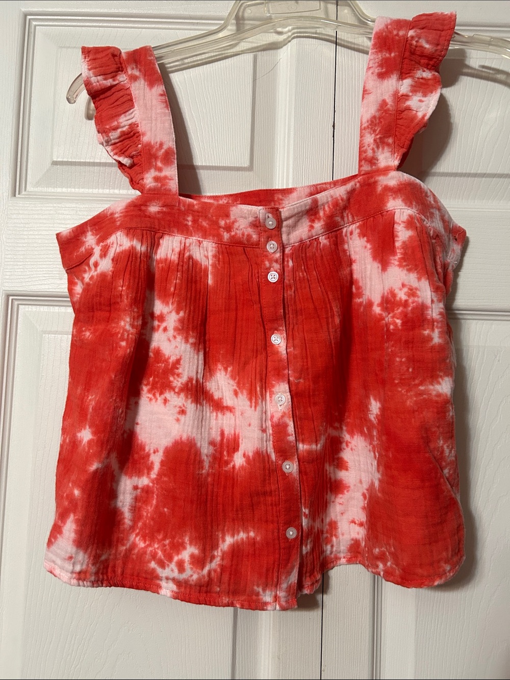 True Craft Red and White Tie-Dye Button Front Ruffle-Strap Camisole